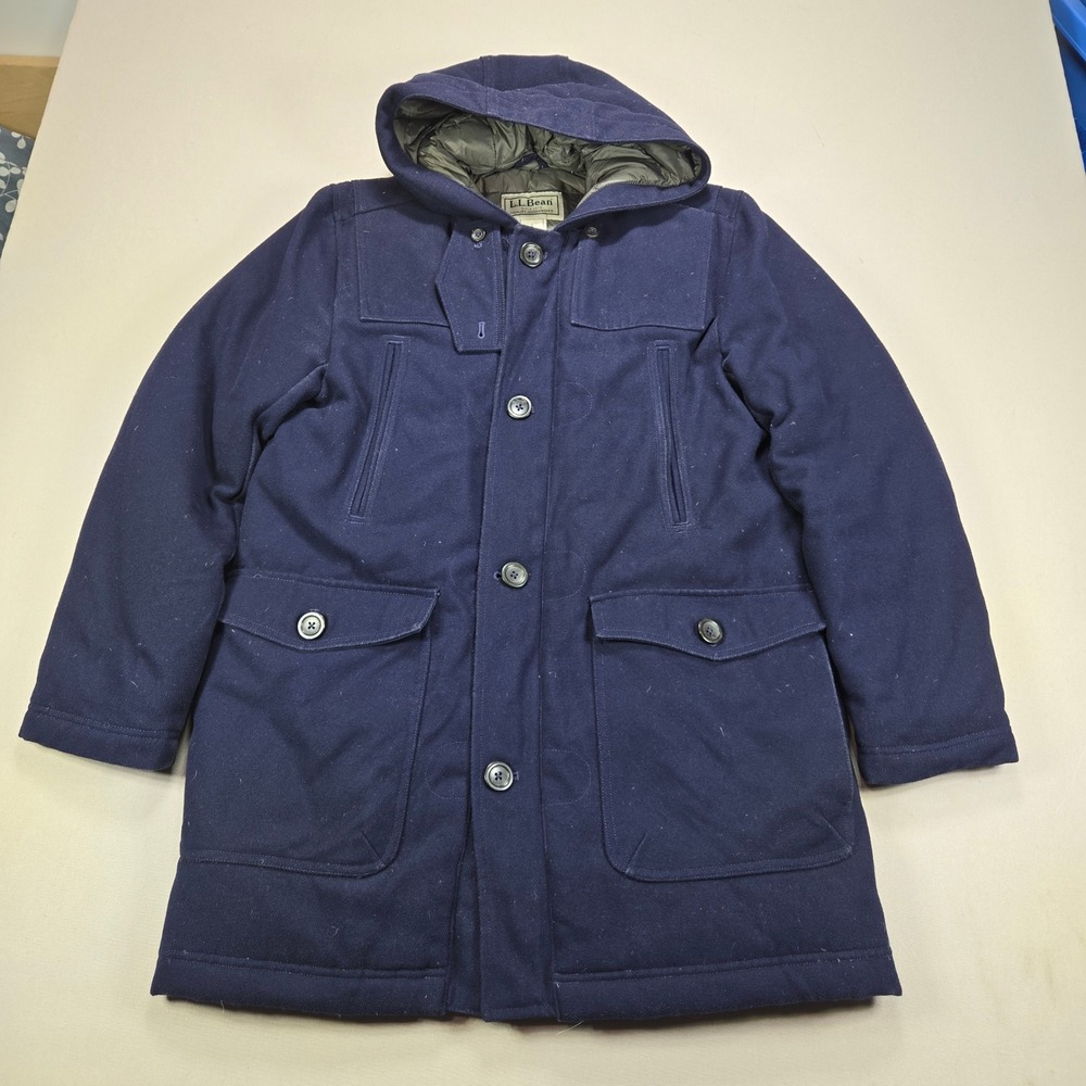 LL Bean Down Insulated Wool Blend Parka Hooded Jacket Navy Blue Mens Small